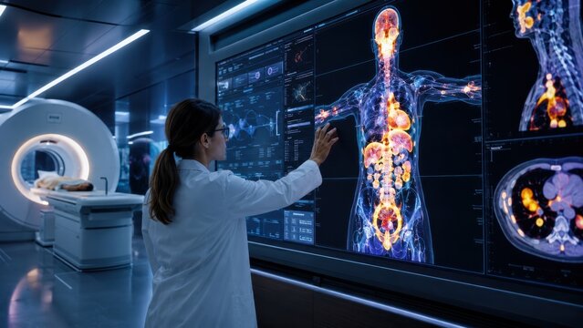Scientist analyzing 3D total-body PET scan on large screen