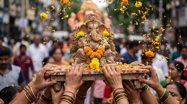 Devotees lifting eco-friendly Lord Ganesha during Ganesh Visarjan procession