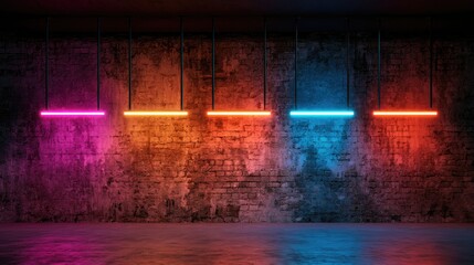 Naklejka premium Five vibrant neon lights illuminating a textured brick wall