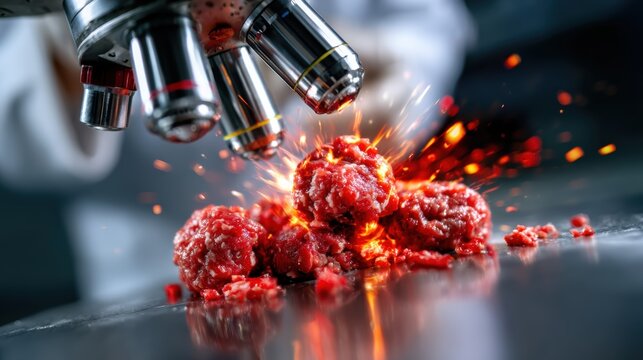 An intense close-up view highlights raw meat being processed, emitting sparks from machinery, showcasing the dynamic environment of modern food production and processing.
