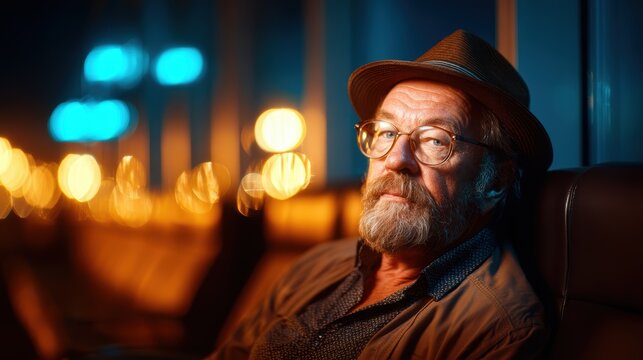 A close-up portrait of a thoughtful older man wearing glasses and a hat, surrounded by a bokeh of warm lights, evoking feelings of nostalgia and contemplation.