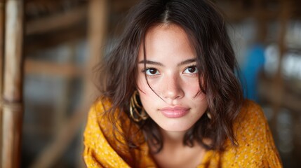 Obraz premium A stunning young woman with natural beauty poses for the camera, wearing a vibrant yellow outfit that reflects the warmth of summer and a spirit of adventure.