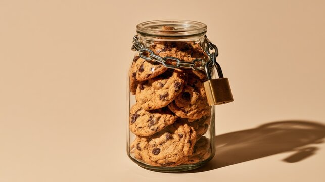 Chocolate chip cookies sealed in a glass jar with a chain and padlock