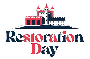 Obraz premium Restoration day celebration graphic with stylized historic castle building illustration restoration historic building preservation heritage architecture monument landmark celebration