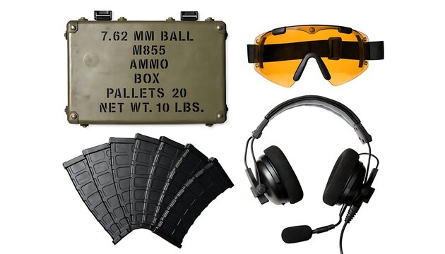 Ammunition box with rifle magazines and shooting safety gear ammunition magazine shooting tactical military protection supplies training practice earmuffs equipment activity