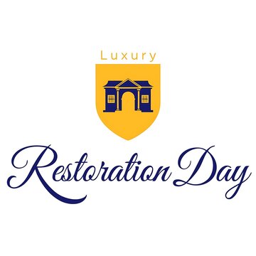 Luxury restoration day emblem featuring a heraldic shield icon depicting a historical building architecture on a yellow background restoration architecture building historical heritage