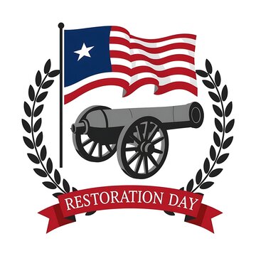 Restoration day badge with american flag and historical antique cannon surrounded by laurel wreath restoration american patriotic military artillery celebration memorial illustration