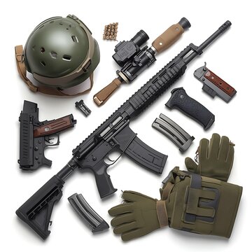 Top view of modern tactical gear including semi-automatic rifle and protective equipment with tactical military protective ammunition magazine shooting security equipment ballistic