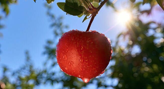 Dew-kissed red apple hangs from branch against sunlit blue sky