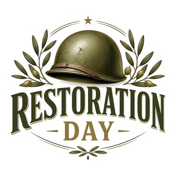 Restoration day typography graphic featuring a vintage soldier helmet and olive branch wreath restoration military typography memorial protection symbolic illustration isolated