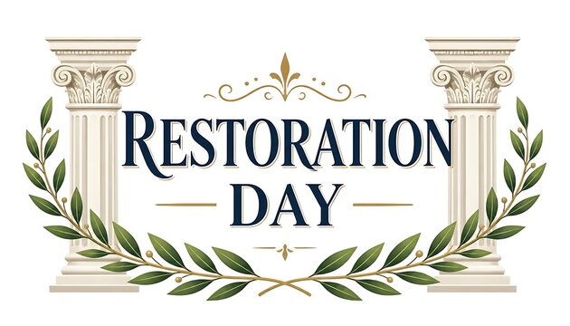 Restoration day elegant design with neoclassical architectural columns and laurel leaf wreaths restoration architecture neoclassical typography classical heritage monument celebration