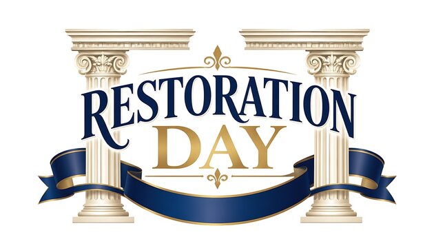 Restoration day luxury emblem with classical columns and navy blue silk ribbon restoration typography classical architecture celebration isolated background heritage monument