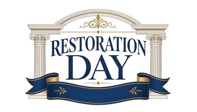Restoration day decorative logo design with ornate header and navy ribbon banner restoration typography classical architecture celebration isolated background illustration heritage