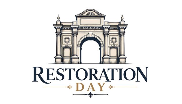 Restoration day commemorative graphic with vintage triumphal arch illustration restoration triumphal monument architecture illustration typography classical heritage celebration