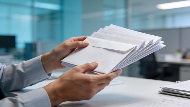 Generative AI depicts a person holding a stack of white envelopes in a modern office environment
