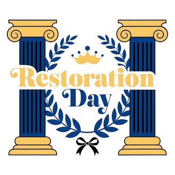 Restoration day emblem featuring classical greek pillars crown and laurel wreath restoration classical architecture heritage institution government corporate branding ornament