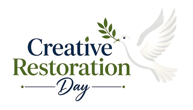 Creative restoration day logo with white dove bird carrying green olive branch symbol creative restoration typography environmental wildlife restorative wellness kindness serenity