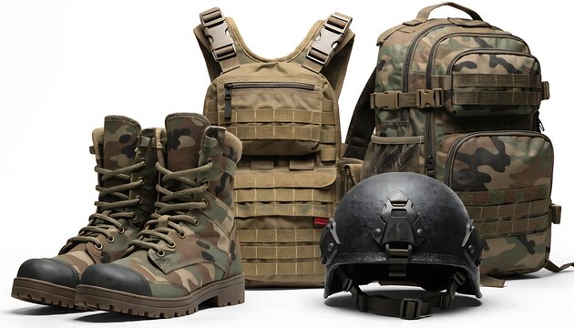 Military equipment gear set featuring camouflage backpack tactical vest boots and combat helmet isolated on white background military tactical camouflage backpack equipment security