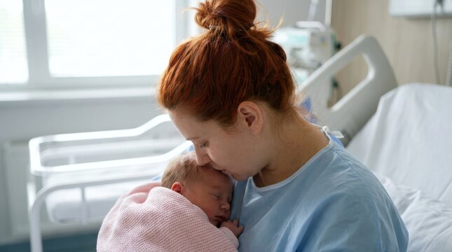 Newborn baby crying and being cuddled by mother in hospital after childbirth, skin to skin contact.