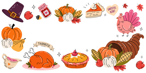 Fototapeta premium Thanksgiving Day frame background template with turkey, pumpkin, cornucopia, pie, hat, and autumn leaves hand drawn. Vector Festive horizontal border banner for holiday greeting card or sale poster