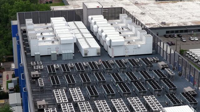 Dense rows of gray cooling units and large white backup generators cover data center rooftop in Clifton New Jersey, parking lot and fenced perimeter stretch beyond it. Aerial drone top down