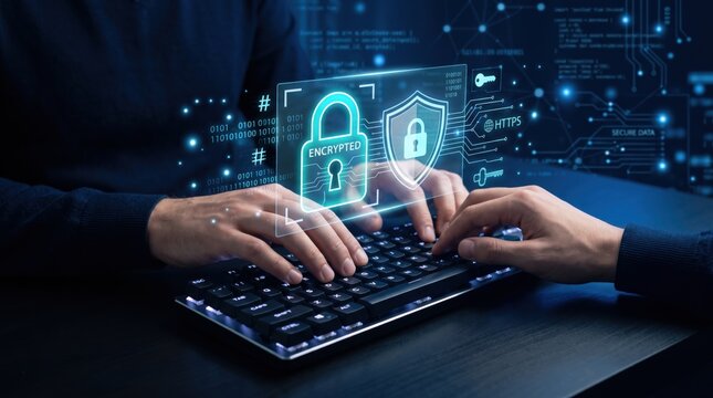 Close-up of hands typing on a keyboard with a holographic padlock and shield overlay, illustrating cybersecurity, data encryption, privacy protection, secure login and information