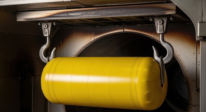 Kevlar fuel bladder suspended on heatresistant hooks inside vulcanization oven chamber demonstrating careful positioning for optimal curing results.
