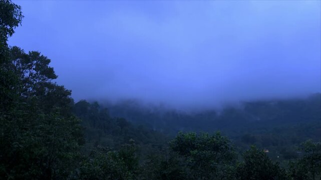 Mist and fog drift across the forested hills of Coorg at dusk, layered ridges fading into cloud in this tranquil landscape.