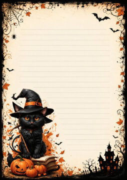 Halloween stationery template with cute black cat in a witch hat, pumpkins, bats, spider web and haunted house on vintage lined paper. Perfect for party invitations or letters.