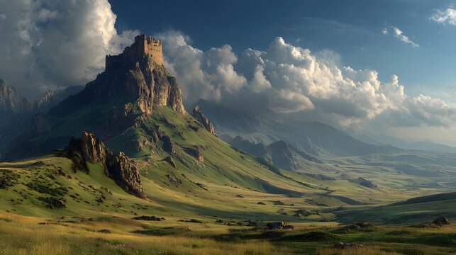 Dramatic medieval castle perched atop a steep green mountain ridge under cloudy sky with sunlight beams.