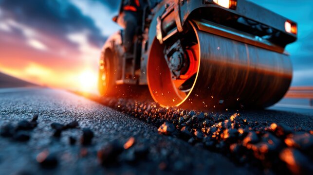 A powerful steamroller at work, efficiently compacting asphalt, creating an intense scene with vibrant colors as the sun sets behind the machine, symbolizing industriousness.