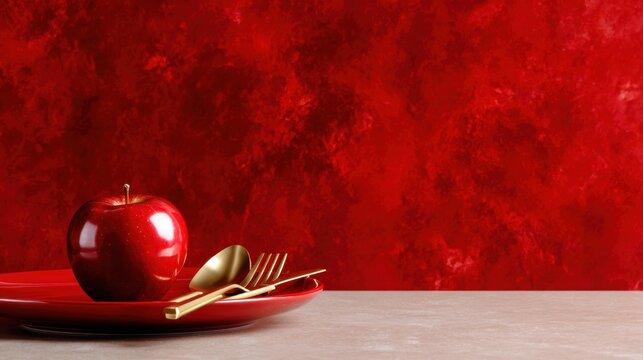 This image features a beautifully polished red apple placed on a red plate, showcasing complementary colors in a striking and modern presentation for culinary or decor use.