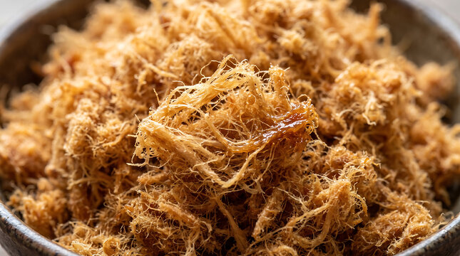 Macro Extreme Close-Up of Golden Light Fluffy Shredded Pork Floss Served in Ceramic Bowl