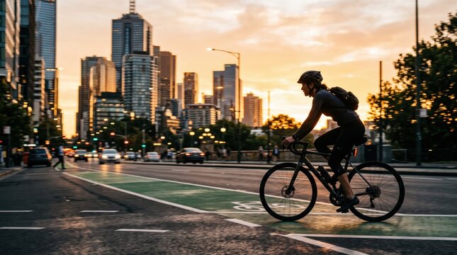 Silhouette of cyclist riding bicycle on dedicated bike lane in city during golden hour sunset, urban transportation, healthy lifestyle and active commuting with skyscrapers