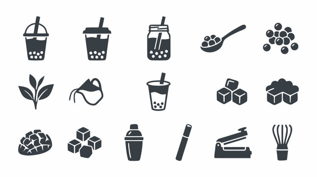Set of bubble tea icons in flat glyph style, including milk tea, tapioca pearls, tea leaves, and sweet ingredients for cafe menus