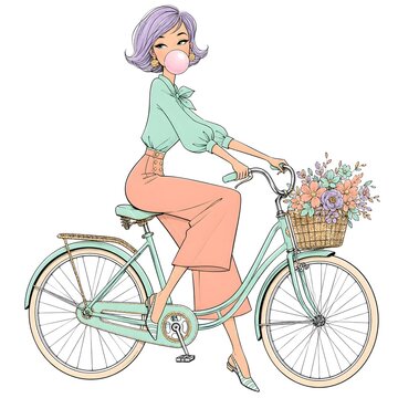 A woman cycles through a city park. She wears stylish clothes and rides a bicycle with flowers in a basket. She blows a bubble with her gum and enjoys the weather