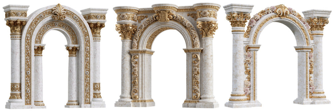Set of Luxurious white marble temple-inspired architectural structure with gilded decorative accents, tall carved columns, intricate relief patterns on transparent png background. Ai generated
