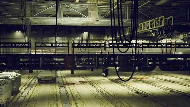 Dark service ceiling with suspended pipes and cables, heavy shadows, structural beams, maintenance walkways and dense conduit creating layered industrial
