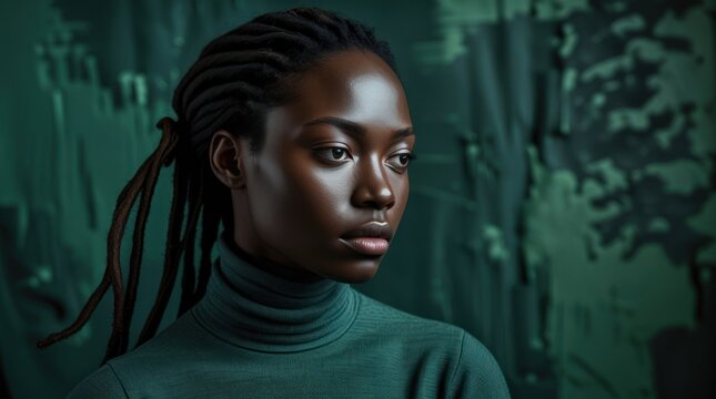 Three-quarter portrait of a young Black woman with dreadlocks wearing a dark turtleneck in moody green studio lighting. dramatic fashion beauty, cinematic character portrait.
