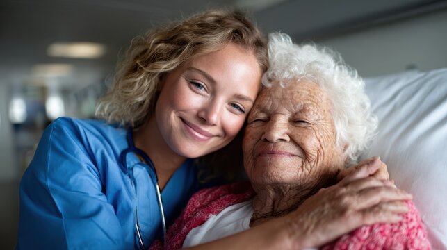 A caring nurse and an elderly woman share a warm hug in a hospital setting, portraying genuine kindness and compassion in healthcare.
