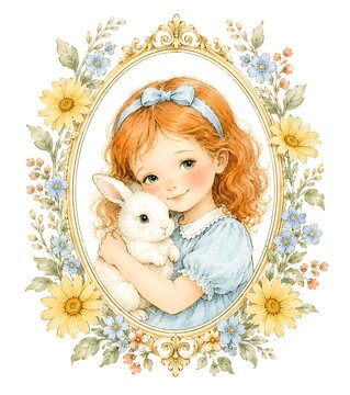 A girl with curly red hair wears a blue dress and smiles while holding a white rabbit. Flowers surround the picture, showing nature in spring