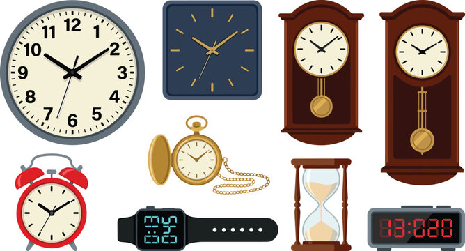 Clocks and Time Management Vector Icon Set with Wall Clock Pendulum Clock Pocket Watch Alarm Clock Smartwatch Digital Clock and Hourglass Elements