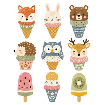 Various ice cream cones shaped like animals. Each cone features a different animal design. The setting is colorful and playful. The image captures joy