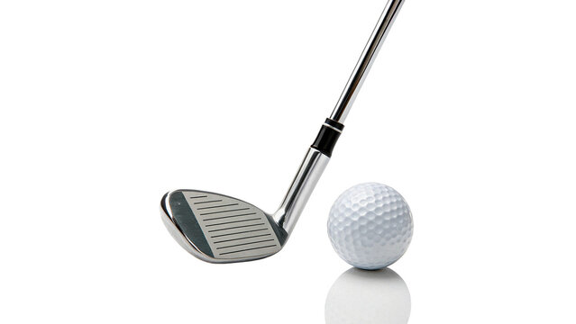 Classic metal golf club and white ball isolated on transparent background cut out