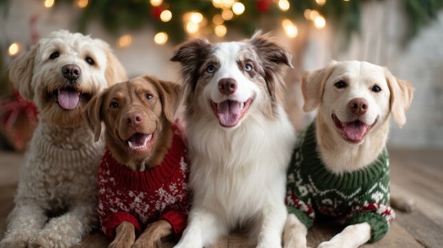 An adorable pack of four dogs wearing cozy and colorful festive sweaters sit side by side, showcasing their charming personalities and the joy of companionship.