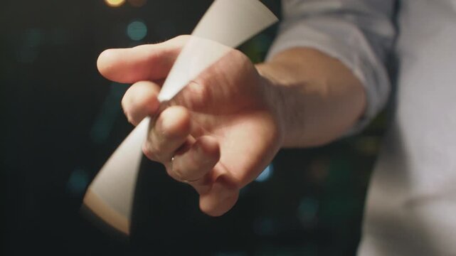 Close-up adult hand lowers slim pen-like object with gentle blur, cropped forearm, light shirt, dark blurred backdrop, soft colored bokeh, shallow focus, warm directional light, and calm commercial