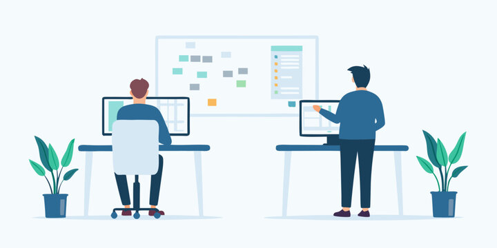 modern office scene flat vector illustration desk computer worker plant workspace collaboration teamwork business professional workplace interior design graphic art people sitting standing