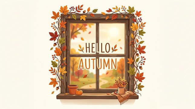 Decorative vintage window frame decorated with colorful autumn leaves and the text hello autumn on white background