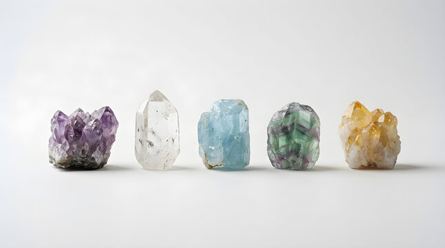 Five different raw crystals isolated on white background