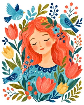 A woman with red hair is in a garden. She is among flowers of different colors and small birds. Her eyes are closed as she enjoys the moment